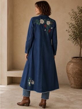Reborn Longline Denim Jacket Duster Floral Embroidered Blue Large Western Boho